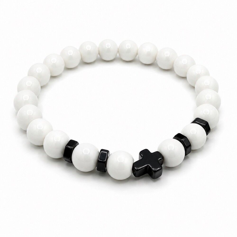 White Beaded Stretch Bracelet Black Cross Charm Unisex Christian Jewelry